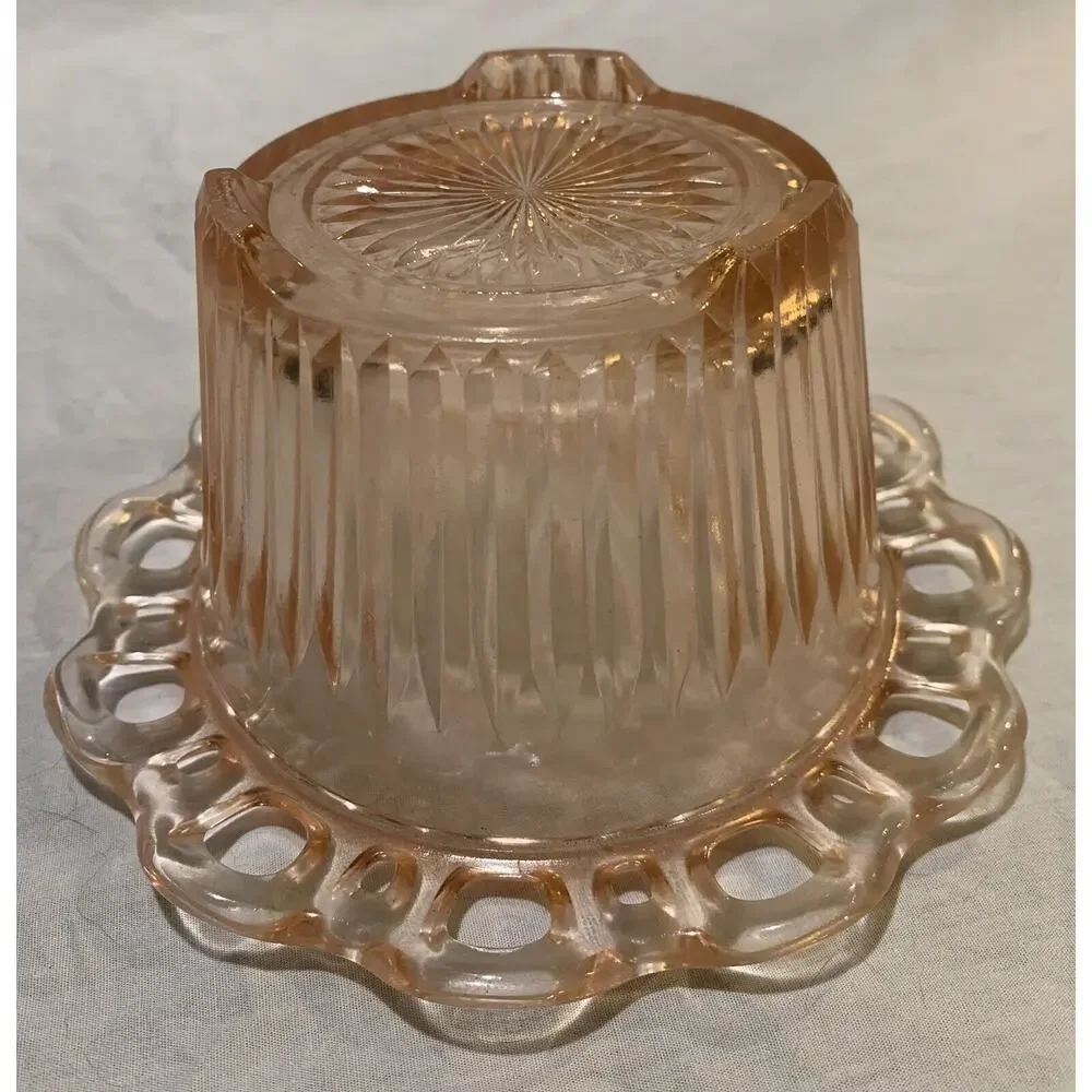 Depression Glass Pink Bowl Flower Old Colony Footed Lace Edge Ribbed Scalloped